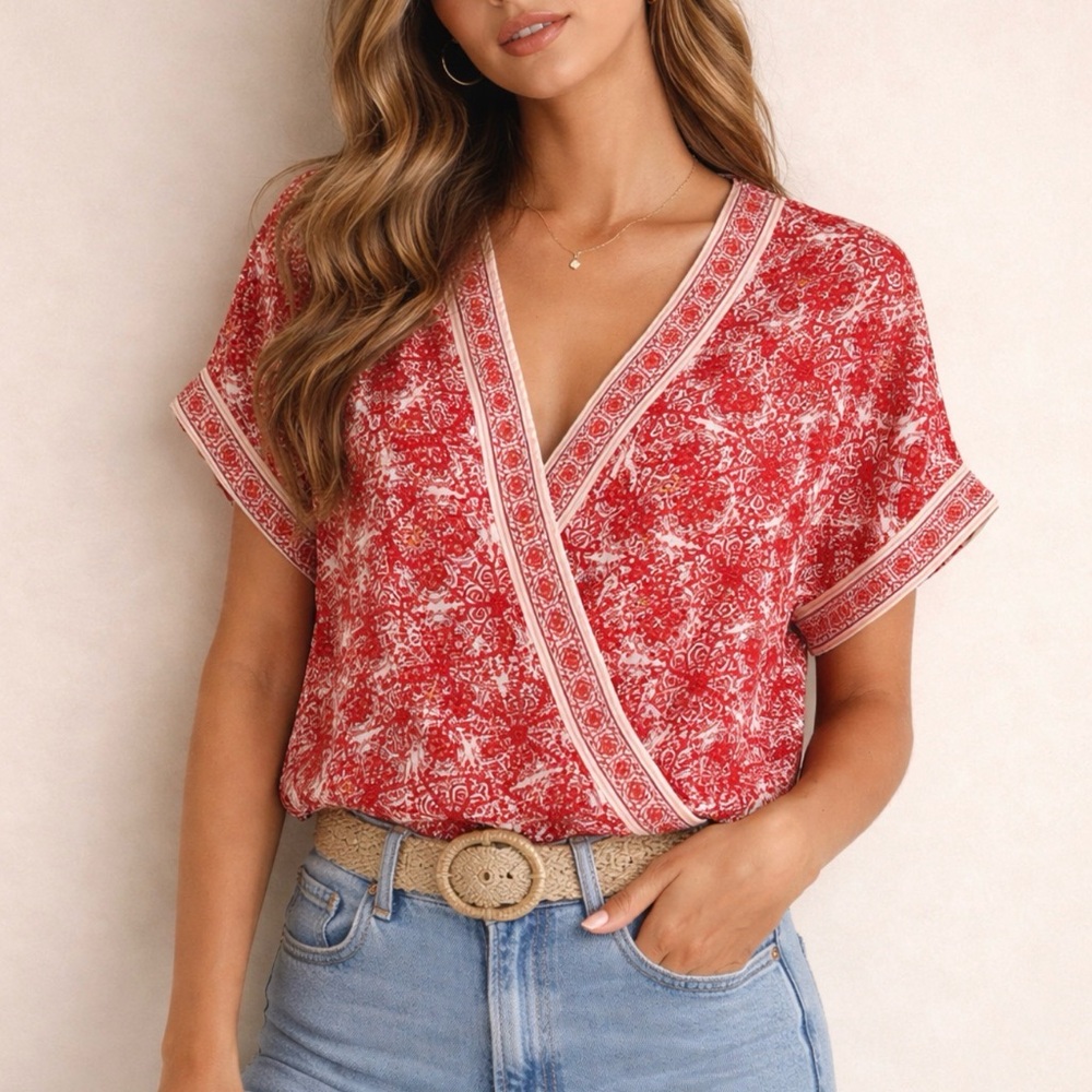Max Studio Red Floral Wrap-Style Blouse